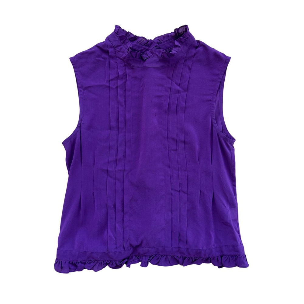 DDC LAB Purple 100% Silk Ruffle Neck Pintuck Sleeveless Blouse‎ Vintage M vtg